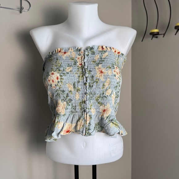 American Eagle Smocked‎ Tube Top Ruffle Hem Blue Floral Medium Festival Y2K - Picture 1 of 14